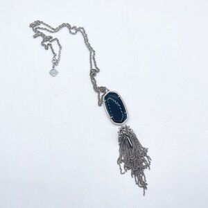 Kendra Scott Long Silver Chain Necklace With Black Oval Pendant & Tassel Detail